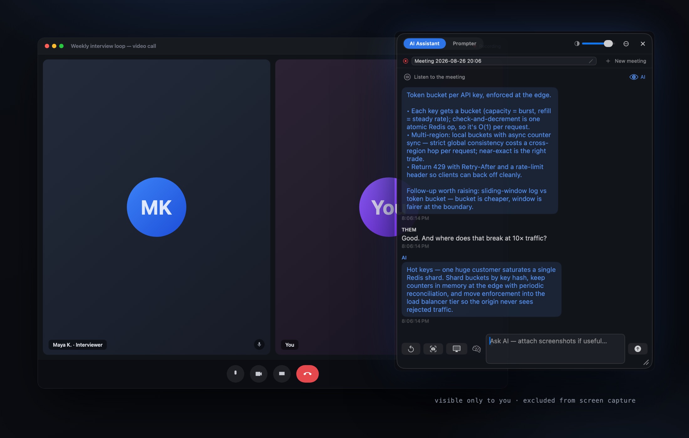 A video call with the Prompta 365 overlay floating on top — visible only to you, excluded from screen capture
