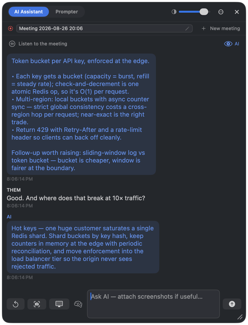 The Prompta 365 AI Assistant: live captions of the conversation with streaming AI answers